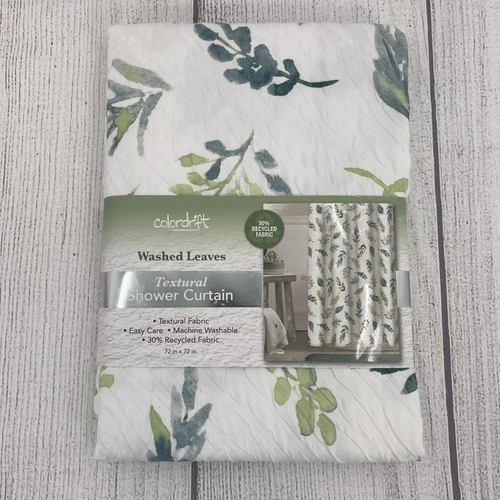 Colordrift Shower Curtain White Green Washed Leaves Textured Crisp Clean
